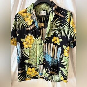 MEN'S DIAMOND HEAD HAWAIIAN SHIRT BLACK SURF BOARDS 100% RAYON SIZE Large